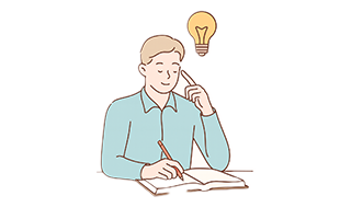 插畫描繪一位男士手握筆紙並在頭上冒出靈感燈泡，象徵在學習房地產知識時整理買房攻略與投資筆記