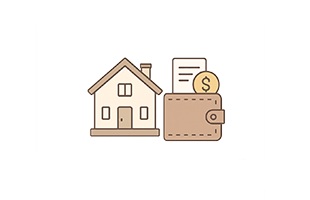 這張插圖以房子、錢包、文件和金幣為主題，代表在購房過程中涉及費用與文件審核，提醒買二手房注意事項中的財務規劃