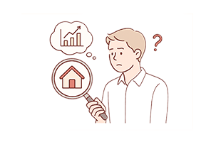 插畫顯示一位男子手持手機，思考房市趨勢圖和房子標記，頭上冒出問號，象徵在研究買房投資賺錢時有疑惑