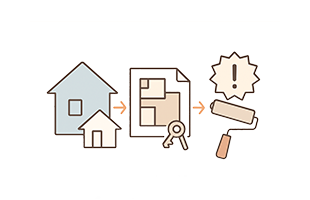 這組插圖包含房屋、小屋、平面圖、鑰匙、油漆滾筒和警示符號，描述買中古屋注意事項中的裝修與安全評估項目