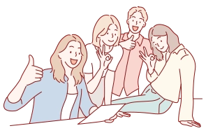 插畫中幾位女性愉快地聚在一起看資料並比讚，象徵在房地產投資課程中互相學習與分享心得