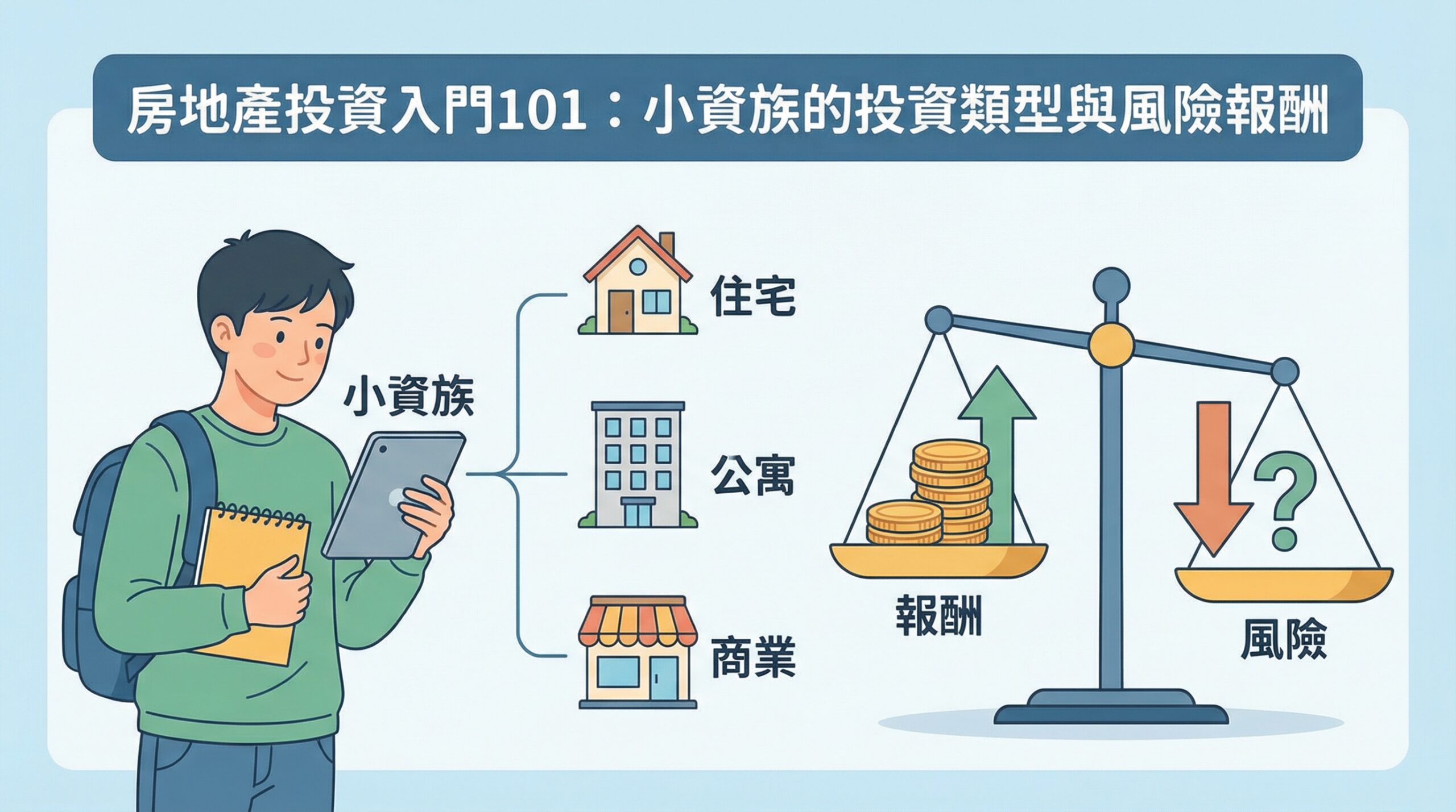插畫顯示房地產投資入門101，小資族透過平板探索住宅、公寓和商業投資的報酬與風險平衡，傳達投資房地產的基礎知識