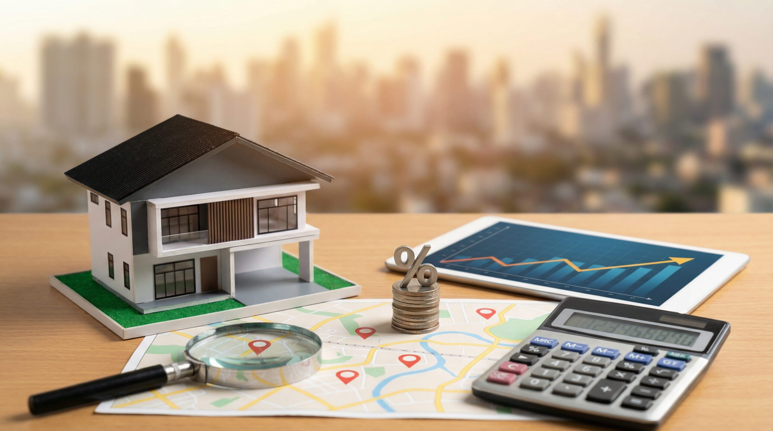 模型房屋、地圖、計算機與放大鏡的擺設示意圖，用來說明房地產投資課程中的基本概念