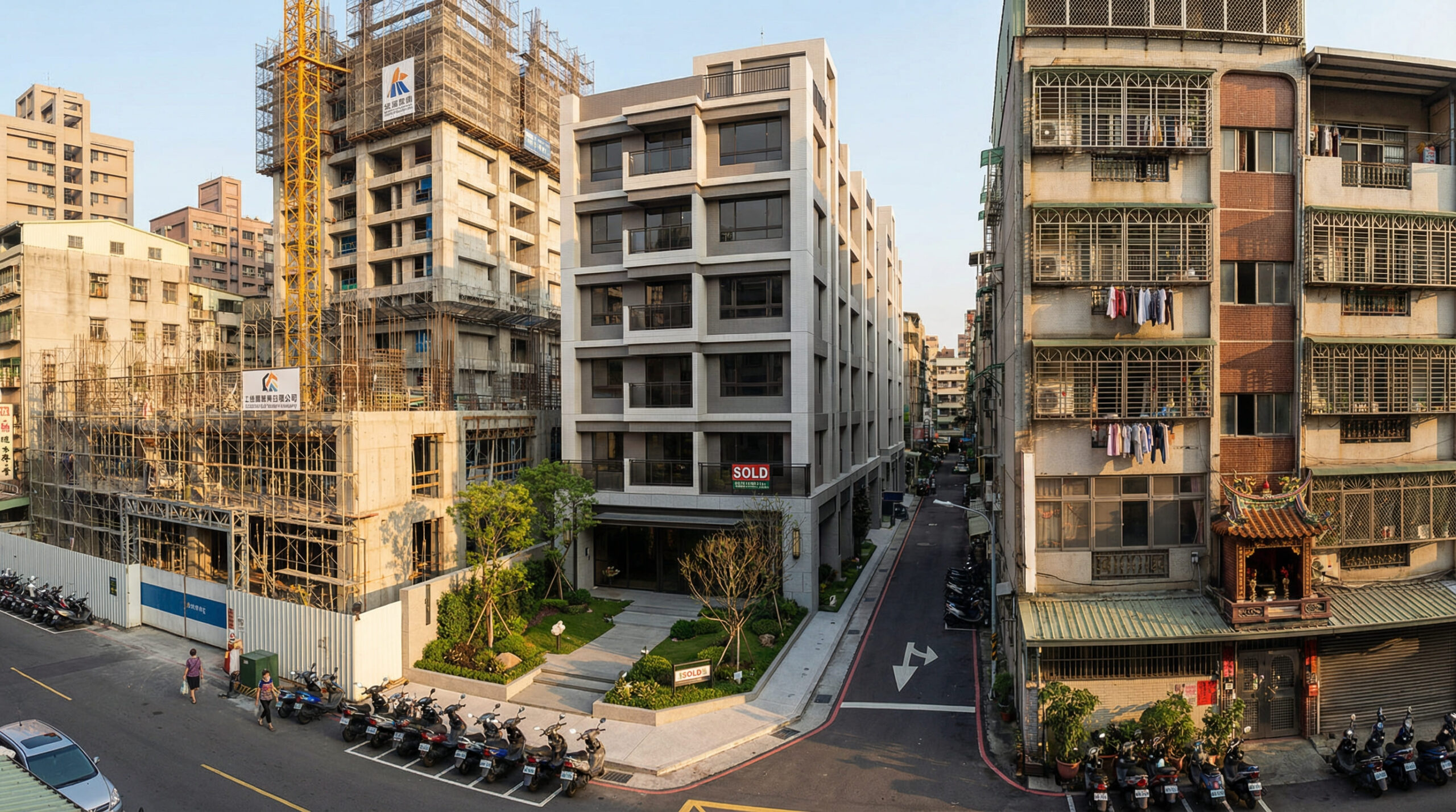 照片呈現預售屋、新成屋和中古屋相鄰的街景對比，說明預售屋投資時要注意各種房屋類型的差異