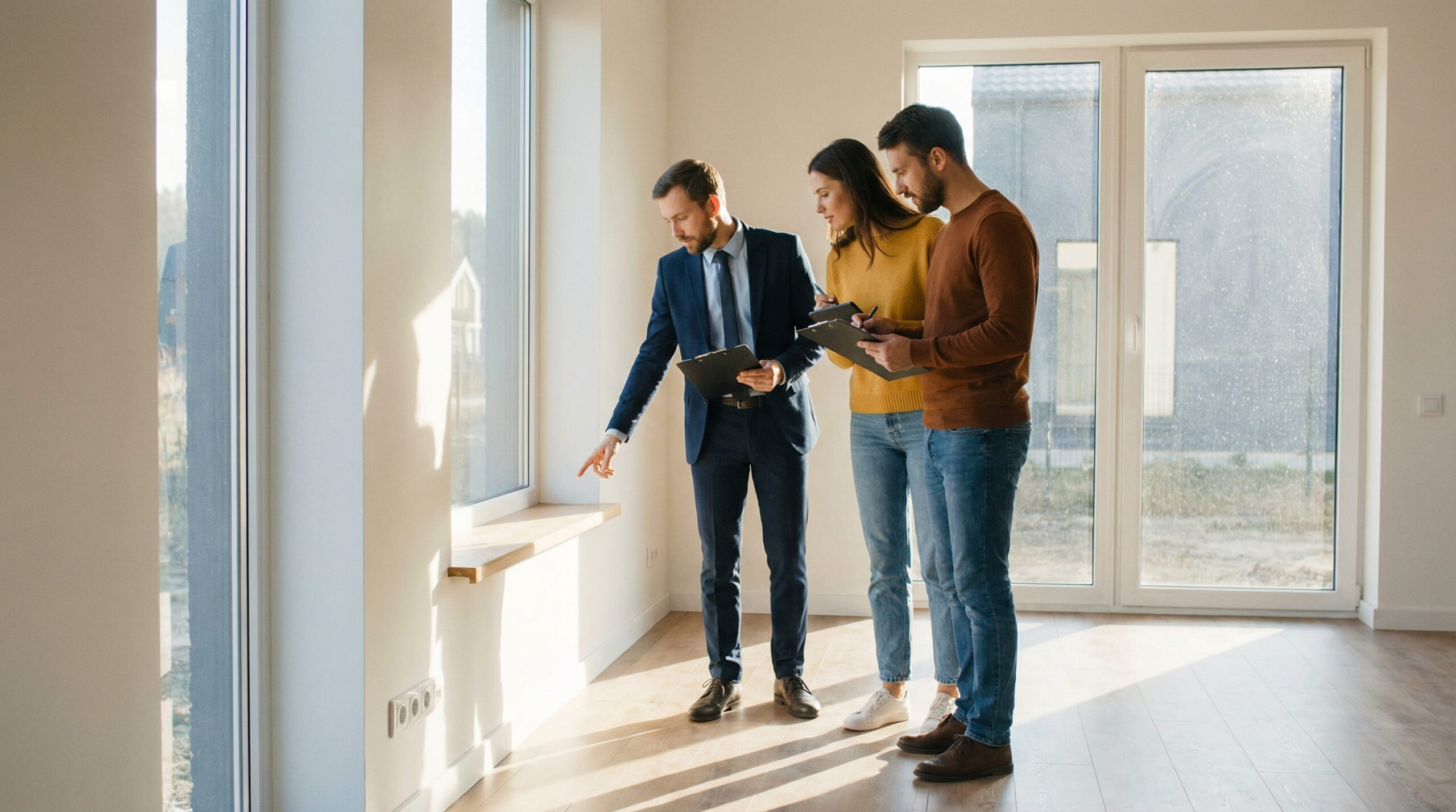 房產經紀帶領年輕夫妻參觀房屋內部，討論買房注意事項的實踐案例
