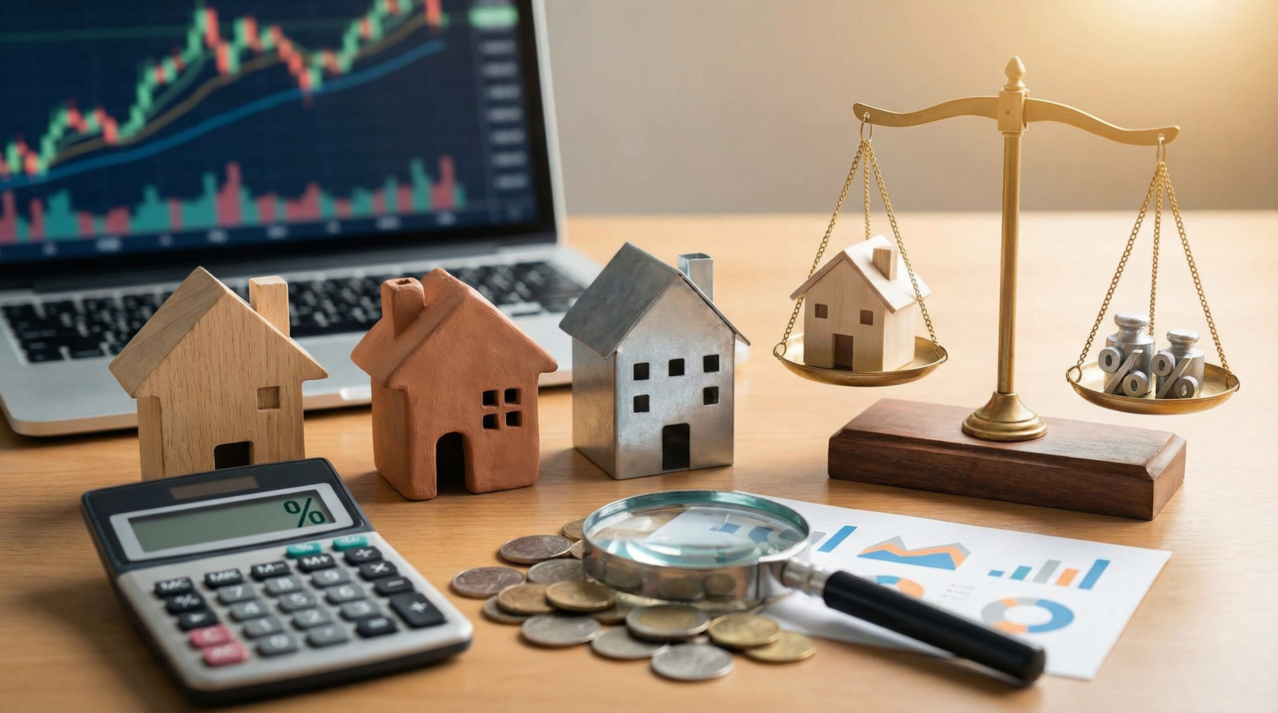 房屋模型、天平、計算機和放大鏡等組成的場景，解釋房地產知識中對房貸利率類型和投資策略的概念