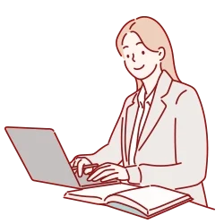 插畫中的女士坐在桌前撸用笔記型電腦常周讀書和筆記本，象徵學習買房攻略