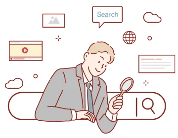 插畫中男子拿著放大鏡檢視搜尋結果和資訊，周圍有電腦、手機和地球等圖示，象徵探索房地產知識