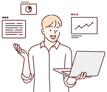 插畫中的男子手持筆記型電腦，背景有文件和圖表，象徵房地產課程中學習投資知識