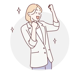 插畫展現一位女士雙手舉起表達歡呼的姿勢，她充滿信心與期待，正準備看中古屋注意事項並開始房地產投資旅程