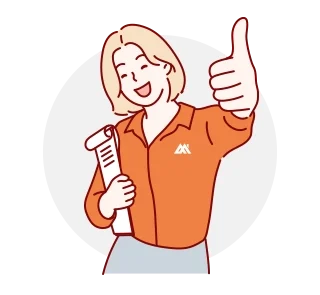 插畫描繪一位微笑的女性手持文件並豎起大拇指，象徵在預售屋投資中獲得滿意成果