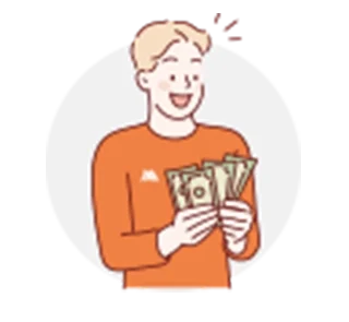 插畫中笑容滿面的男子手持多張鈔票，象徵透過買房投資賺錢的成功案例